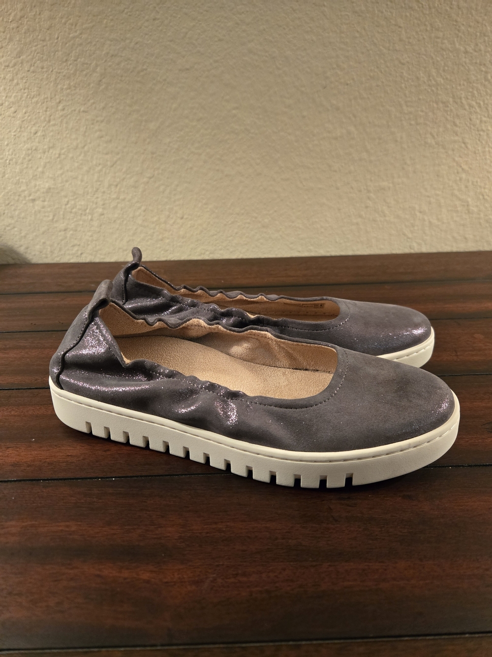 Vionic Gray Shimmer Slip-On Ballet Flats with White Sole
